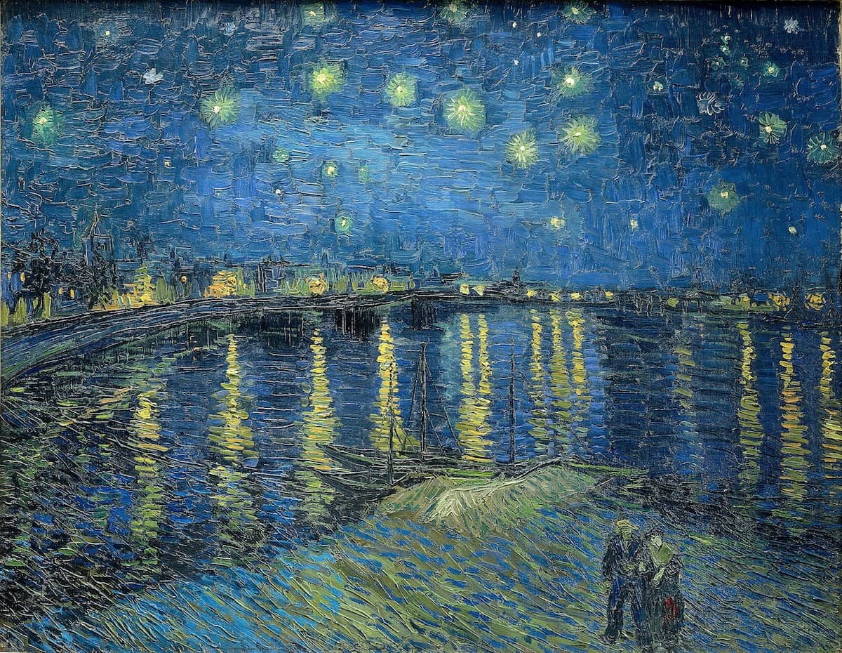Vincent van Gogh, Starry Night Over the Rhône, 1888 — gaslights and stars reflected in dark water