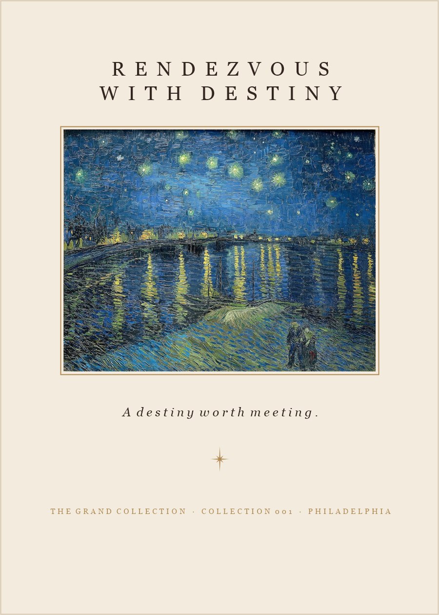 The Rendezvous with Destiny Collection Card — Starry Night Over the Rhône on cream stock, marked The Grand Collection · Collection 001 · Philadelphia