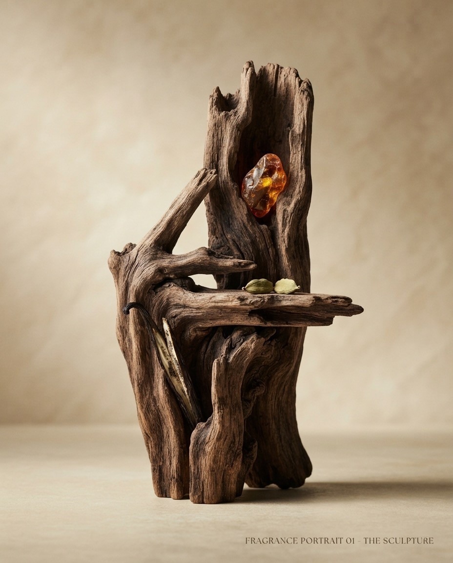 Fragrance Portrait 01 — The Sculpture: driftwood holding amber, cardamom pods, and a vanilla bean