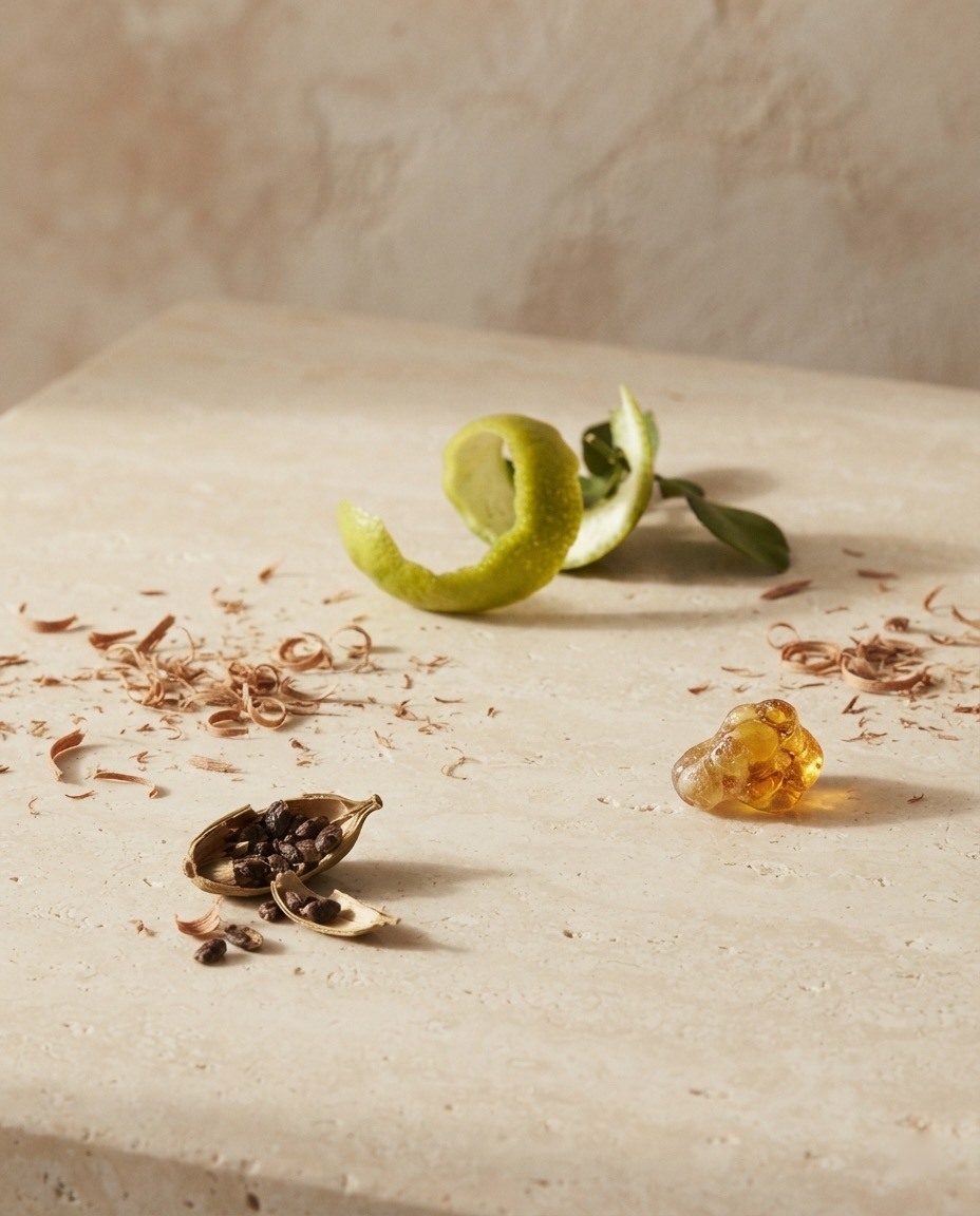 Rendezvous with Destiny fragrance notes — lime peel, cardamom pod, amber resin, and sandalwood shavings on travertine